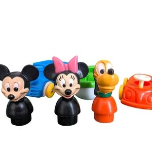 Vintage Illco Little People Disney Mickey And Minnie Mouse And Pluto With Cars